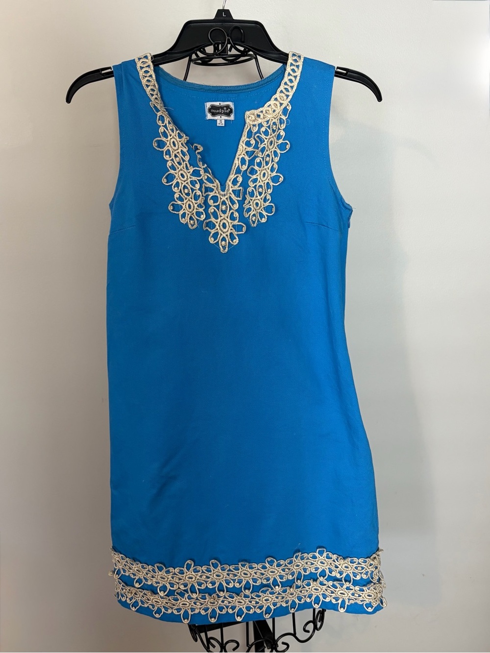 Mud Pie Blue Midi shift Dress with gold Lace Trim size small Lilly